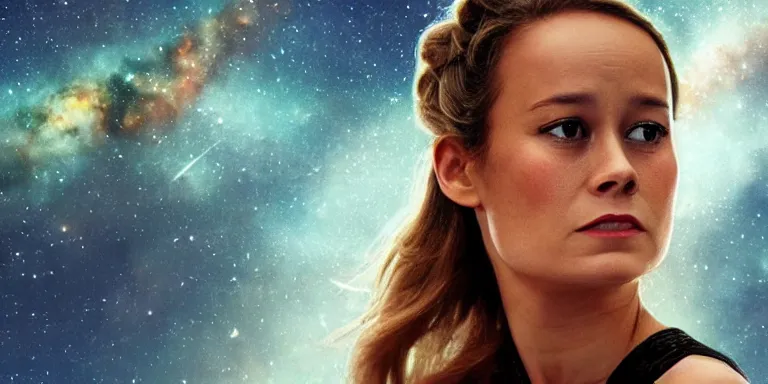 Image similar to film still of very curvy brie larson, focus on facial - detail!!!!!!, walking on a bridge, similar to the bifrost, toward an endless abyss in space, wearing a flowy bikini inspired by ancient roman clothing, beautiful astronomical background with galaxies and nebulas, lack of sunlight, 8 k resolution, cinematic lighting, anatomically correct, by christopher nolan