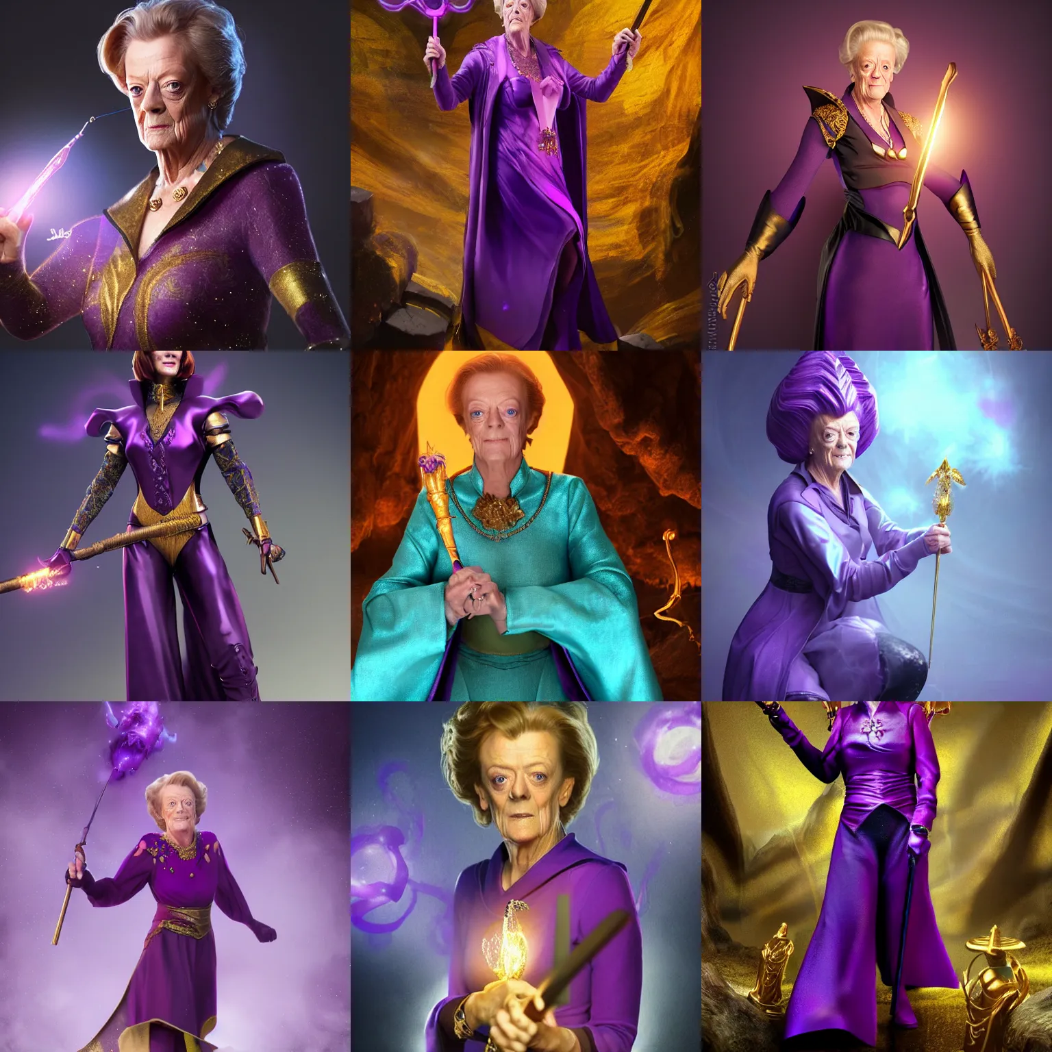 Prompt: Maggie Smith wearing a purple witches outfit holding a golden magical wand. In a dark cave. Trending on Artstation, octane render, ultra detailed, art by Ross tran