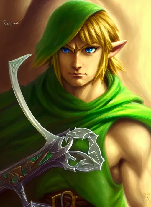 Image similar to portrait of aggressive link from the legend of zelda, d & d, muscular! green, fantasy, intricate, elegant, highly detailed, digital painting, artstation, concept art, smooth, sharp focus, illustration, art by artgerm and greg rutkowski and alphonse mucha