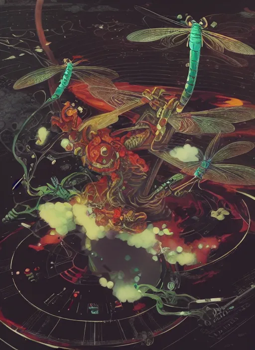 Prompt: surreal gouache painting, by yoshitaka amano, by ruan jia, by Conrad roset, by good smile company, detailed anime 3d render of a magical Dragonfly flying over a flying disco Vinyl, DJ Mixer, deck , controller, portrait, cgsociety, artstation, rococo mechanical and Digital and electronic, dieselpunk atmosphere