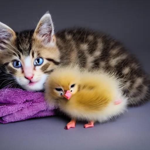 Image similar to 35mm macro shot a kitten bathing with a baby duck, studio lighting