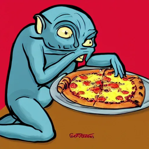 Image similar to a caricature drawing of gollum being eaten by a pizza