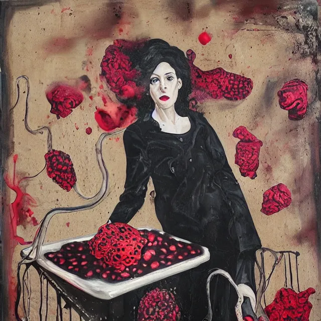 Prompt: empty room with black walls, a portrait of a female pathologist holding an octopus, wilted flowers, pomegranate, berry juice dripping, neo - expressionism, surrealism, acrylic and spray paint and oilstick on canvas