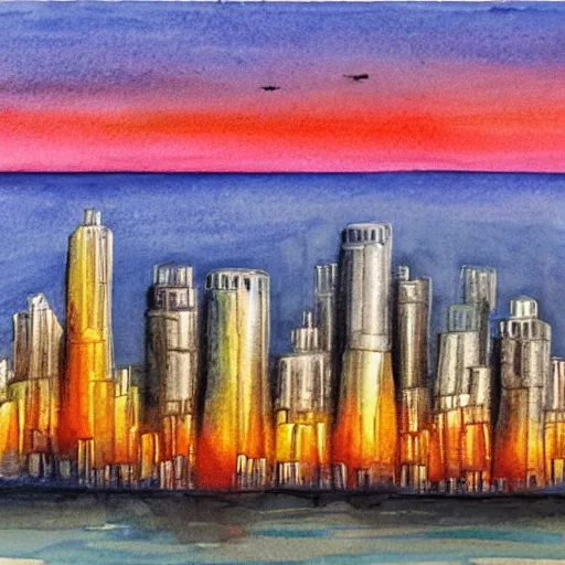 Prompt: A flying city at sunset with tall buildings, romantic, water colour