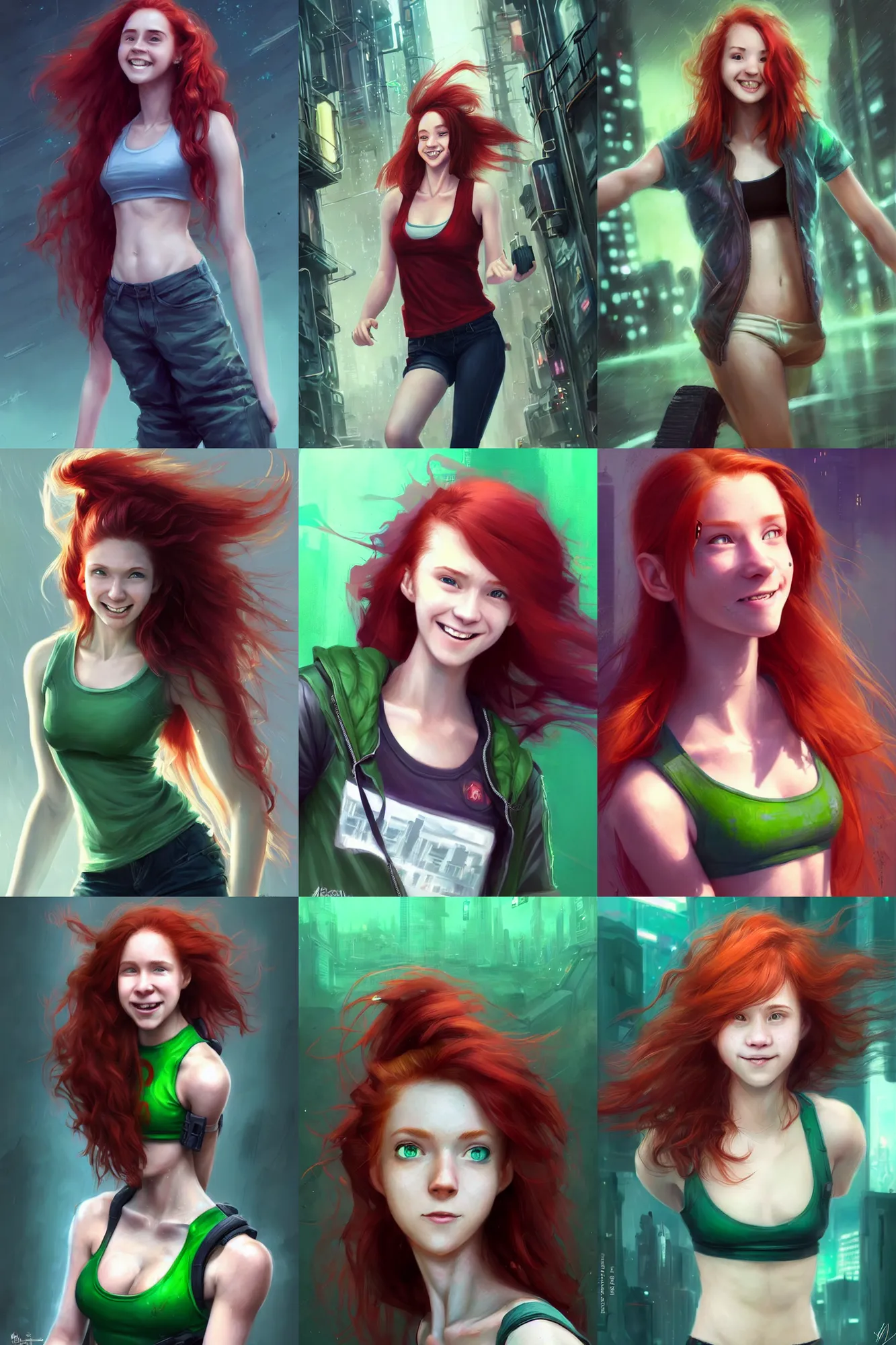 Prompt: beautiful cute athletic red haired eighteen year old young girl standing up, casual green clothing, long hair, cyberpunk city, cute smiling face, dynamic pose, rpg character, sci - fi, intricate, elegant, digital painting, artstation, concept art, smooth, 8 k frostbite 3 engine, ultra detailed, art by artgerm and greg rutkowski and magali villeneuve