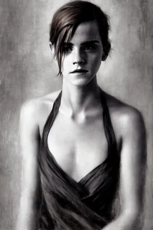 Prompt: emma watson gathered faille v - neck detailed portrait painting by gaston bussiere craig mullins j. c. leyendecker award winning photograph photorealsitic octane render photograph by richard avedon peter lindbergh monochrome studio lighting