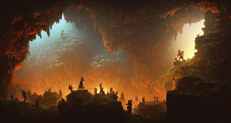 Prompt: highly detailed digital matte painting of a group of dwarf miners exploring a vast cave, by yuuki morita and peter mohrbacher and justin gerard and laurie greasley, volumetric lighting, octane render