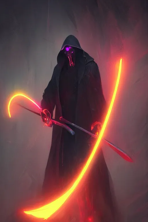 Image similar to portrait of a neon grim reaper wielding a scythe, visible aura of madness distorting the surroundings, occult details, greg rutkowski style, high quality, 8 k,