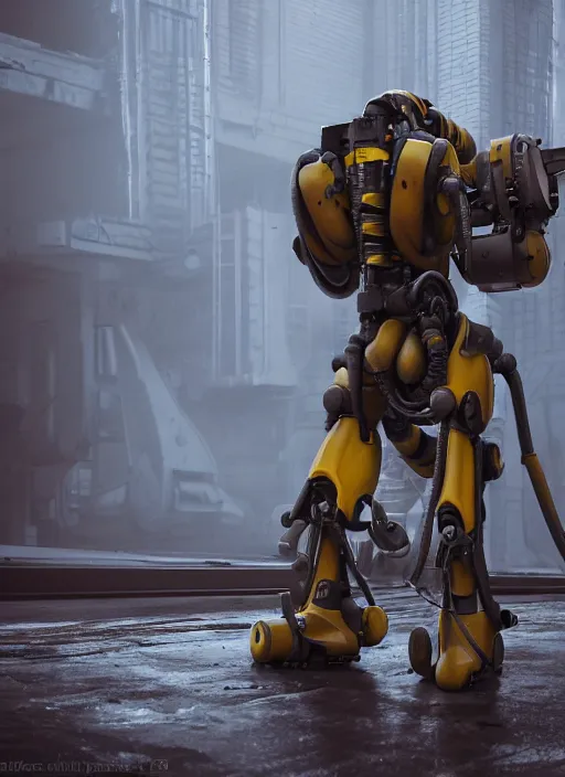 Image similar to a photorealistic dramatic hyperrealistic render of a futuristic exosuit power loader heavy machinery, ultra realistic details, glossy yellow, well worn, rust, oil stains by vitaly bulgarov and mike nash, beautiful dramatic dark moody tones and lighting, cinematic atmosphere, studio lighting, shadows, dark background, octane render, 8 k