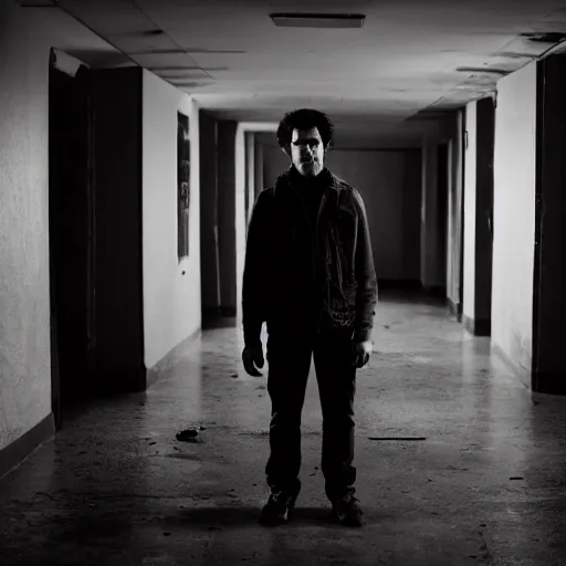 Prompt: danny devitio standing at the bottom of a dark corridor in the backrooms. staring at the camera. scary. horror. liminal space. yellow. desaturated.