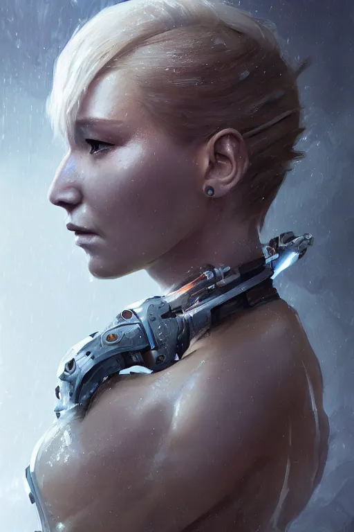 Image similar to a fancy portrait of a Jenifer Lawrence cyborg by Greg Rutkowski, Sung Choi, Mitchell Mohrhauser, Maciej Kuciara, Johnson Ting, Maxim Verehin, Peter Konig, final fantasy , mythical, 8k photorealistic, cinematic lighting, HD, high details, atmospheric,