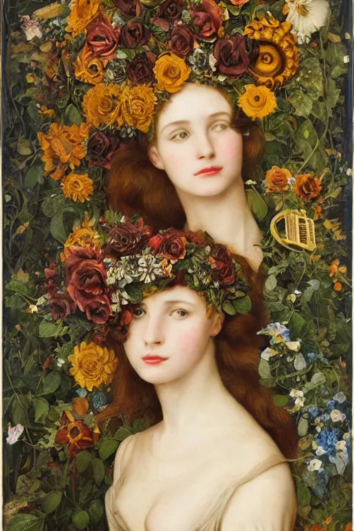 Image similar to portrait of a beautiful young cyborg woman with a big steampunk flower crown, Pre-Raphaelite