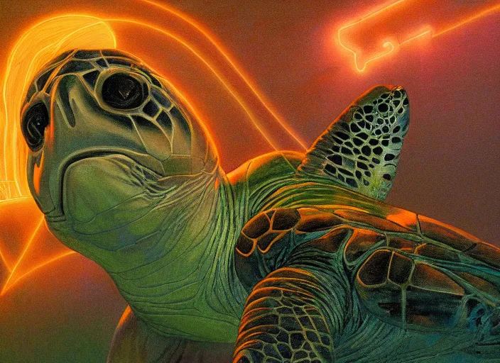 Prompt: painting of sea turtle, neon, RGB, glowing wires everywhere, by Edgar Maxence and Ross Tran, Zdzisław Beksiński, and Michael Whelan, distant, gustav dore, H.R. Giger, 8k, octane render