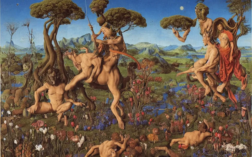 Image similar to a portrait photograph of a meditating satyr and a centaur monk riding a rocket machine and hunting at a river delta. surrounded by bulbous flowers and trees. mountain range under a blue sky of fiery stars. by jan van eyck, max ernst, ernst haeckel, ernst fuchs and artgerm, cgsociety, fashion editorial, 8 k