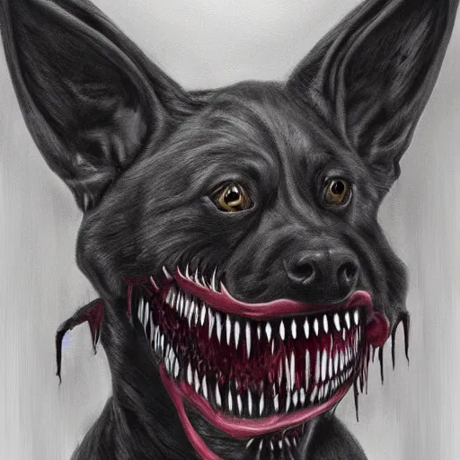 Prompt: scp horror nightmare dog, schizophrenia gothic nightmare dog with incredibly sharp teeth. highly detailed portrait, stylized oil painting, trending on artstation