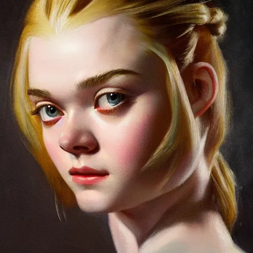 Prompt: ultra realistic medium shot portrait painting of elle fanning in prey, art by frank frazetta and j. c. leyendecker and peter paul rubens, 4 k, ultra realistic, highly detailed, epic lighting