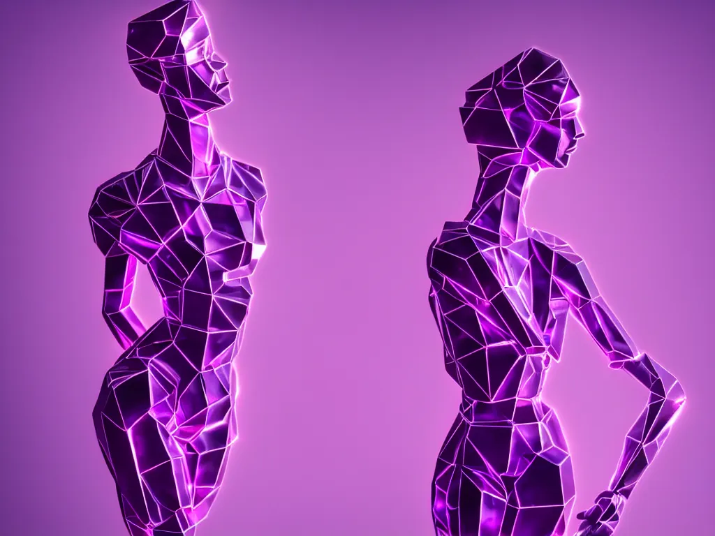 Image similar to beautiful mannequin sculpted out of amethyst by billelis + lit with purple 3 d geometric neon + chrome geometric cubed bonsai plants!!!!, doorway opening with neon pink geometric light, clean linework, dramatic, finely detailed, rule of thirds, moody, confident, award winning, 4 k, trending on artstation, photorealistic, volumetric lighting, octane render