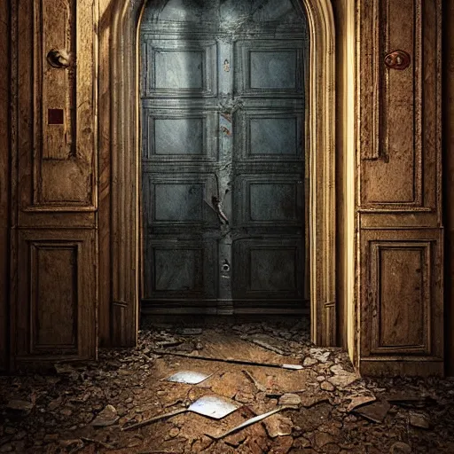 Image similar to michal karcz surrealism painting of the door beyond the void. , horror theme, detailed, elegant, intricate, 4k, Renaissance painting