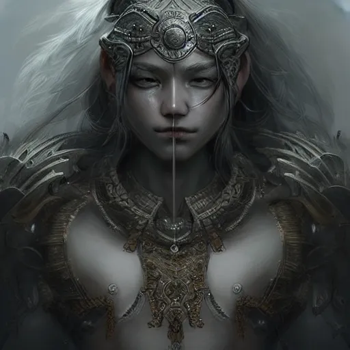 Image similar to beautiful extremely detailed intricate concept art depicting a warrior by wlop. shining jewelry. grey atmosphere. bcy. net