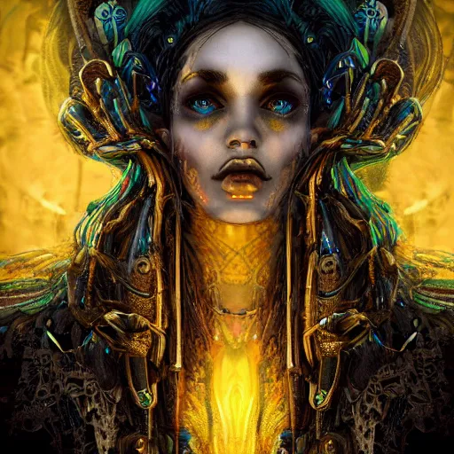 Prompt: goddess of death in a graveyard, white braids, decaying face, cyber neon lighting, retro futurism, gold intricate futuristic led lit gold jewelry, gold, digital painting, realism, extreme detail, cinematic, cool lighting, trending on artstation, by hans zatzka and jibaro