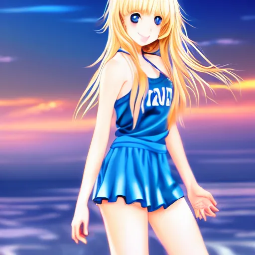 Image similar to a very beautiful young anime basketball girl greeting the camera, full body, long wavy blond hair, sky blue eyes, full round face, short smile, bikini, miniskirt, highly detailed, cinematic wallpaper by stanley artgerm lau