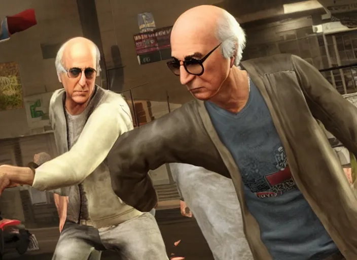 Image similar to video game still of larry david in the video game sleeping dogs,