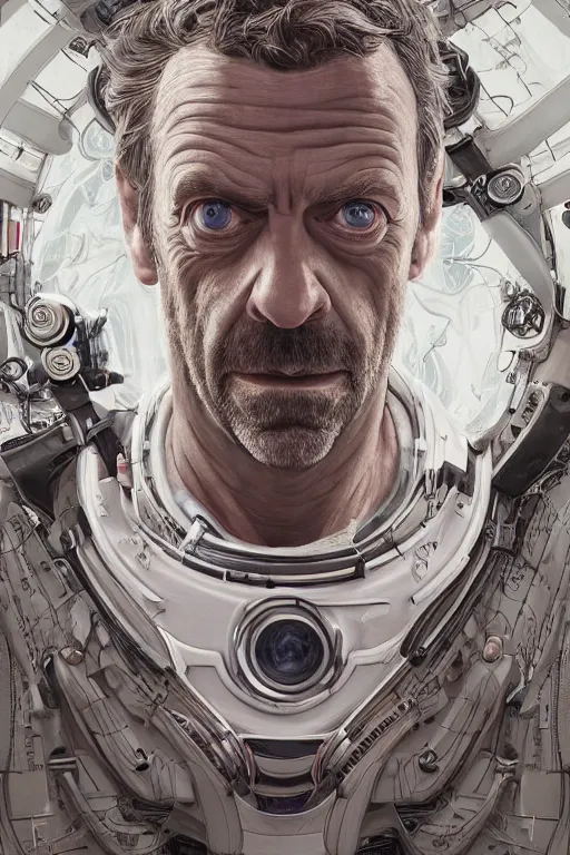 Prompt: cinematic portrait of Dr House. Centered, uncut, unzoom, symmetry. character illustration. Surreal render, ultra realistic, zenith view. Polished. Inspired by patricio clarey, heidi taillefer scifi painter glenn brown. Extremely ornated. artstation, cgsociety, unreal engine, ray tracing, detailed illustration, hd, 4k, digital art, overdetailed art. Dslr, tiltshift, dof. 64megapixel. complementing colors. Trending on artstation, deviantart,