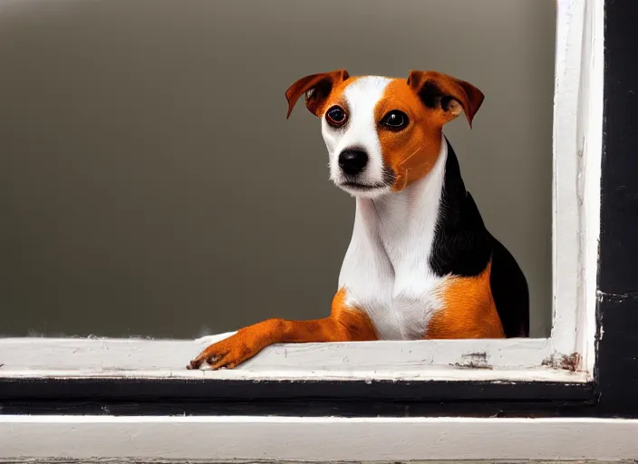 Image similar to photography of a Jack Russel . watching outside the window. on a bed. in a 70's room full of vinyls and posters, photorealistic, award winning photo, 100mm, sharp, high res