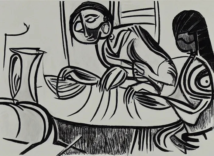 Prompt: abstract stylized pen and ink drawing on white paper of a woman sitting at a pottery wheel working on a vase, picasso, franz kline, van gogh, miro