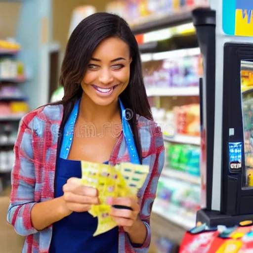 Image similar to a photostock image of a smiling photogenic cashier at a convenience store handing the customer the lottery ticket they purchased