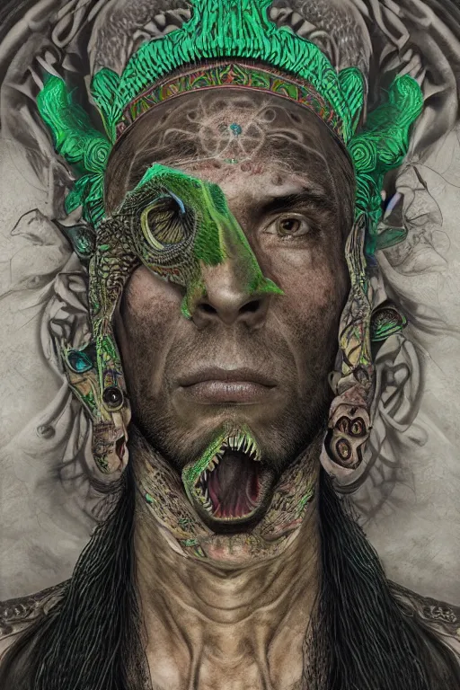 Image similar to hyperrealistic hyper detailed neo-surreal close-up 35mm portrait of levitating psychedelic shaman covered in Celtic tattoos, dinosaur head headdress, rococo matte painting concept art very dramatic lighting low angle hd 8k sharp shallow depth of field