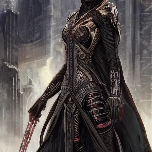 Prompt: wakandan warrior with cyberpunk and steampunk style armor wearing a long hooded cloak that is a bit torn, ultra realistic, concept art, intricate details, eerie, horror, highly detailed, photorealistic, octane render, 8 k, unreal engine. art by artgerm and greg rutkowski and alphonse mucha