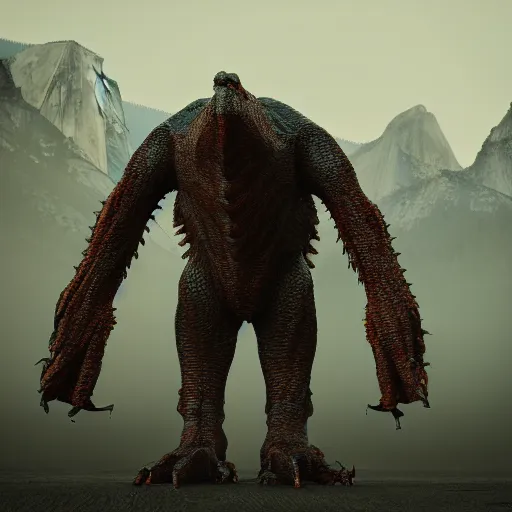 Image similar to evil steel chicken kaiju at yosemite, epic scale, hyper detailed, photorealistic, octane render, trending at cgstation, rule of thirds, 8 k.