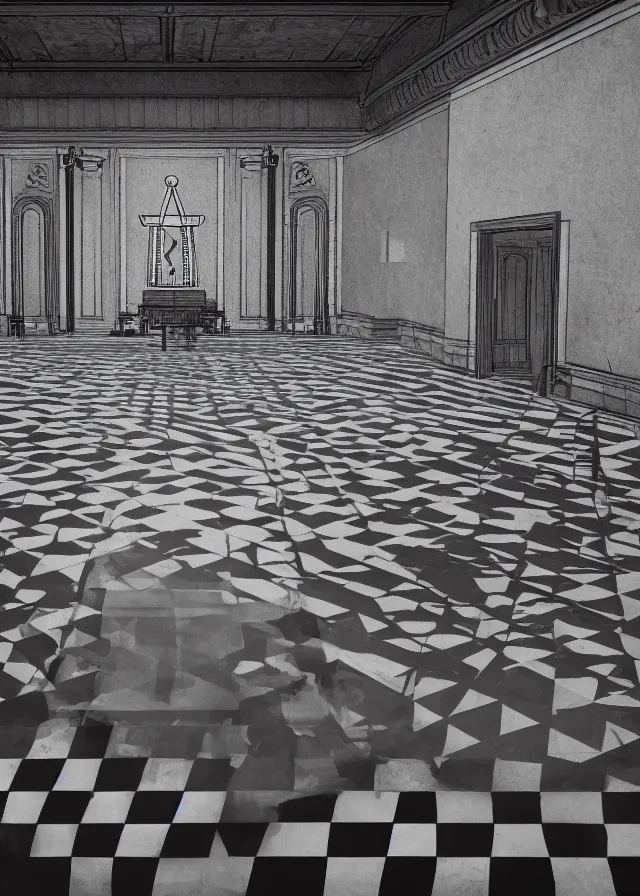 Prompt: interior of a masonic temple, black and white checkered floor, concept art, detailed, 4k, artstation