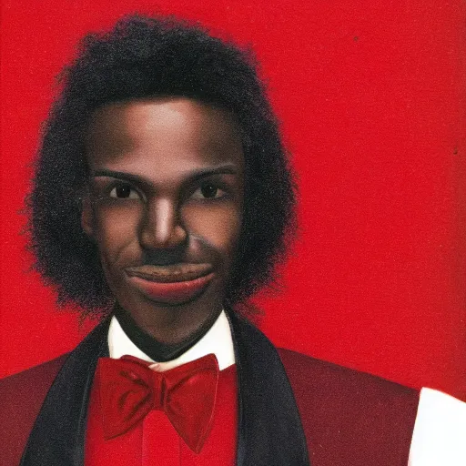 Prompt: realistic photo portrait of a black male anthropomorphic fox with long black hair over his collar bone, wearing a dark red colored tuxedo