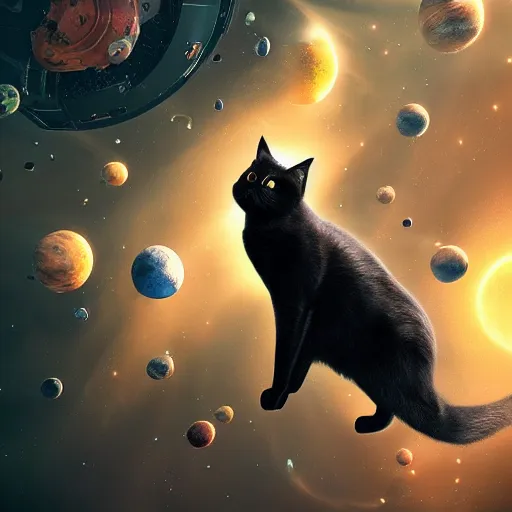 Image similar to black cat in space, hypermaximalistic, high details, cinematic, 8k resolution, beautiful detailed, insanely intricate details, artstation trending, octane render, unreal engine