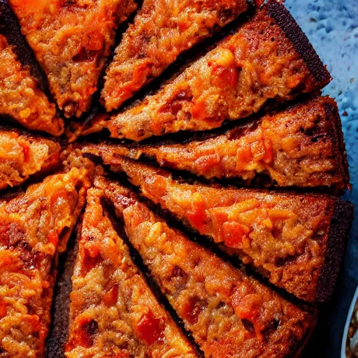 Image similar to close view of a beautiful and delicious chorizo cake piece, chorizo slices on top, 4 k