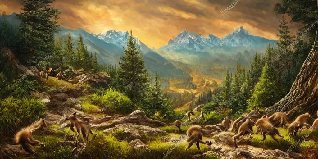 Image similar to A majestic landscape featuring mountains and a forest. A small group of racoons is running from a wild fire. Cinematic, very beautiful, painting in the style of Lord of the rings