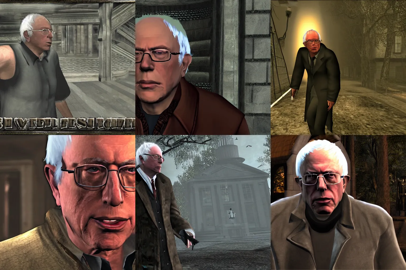 Prompt: Screenshot of Bernie Sanders in the game Resident Evil 4