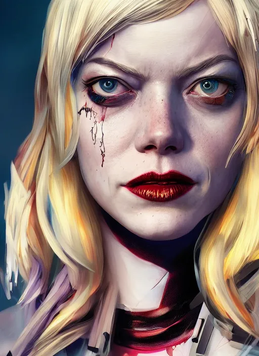 Image similar to biopunk portrait of emma stone as harley quinn, hyper detailed, digital art, trending in artstation, cinematic lighting, studio quality, smooth render, unreal engine 5 rendered, octane rendered, art style by klimt and nixeu and ian sprigger and wlop and krenz cushart.