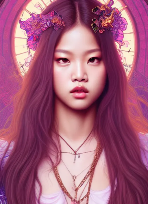 Image similar to jennie of blackpink, queen, tarot card, highly detailed, digital painting, smooth, sharp focus, illustration, ultra realistic, unreal engine, 8 k, art by artgerm and alphonse mucha