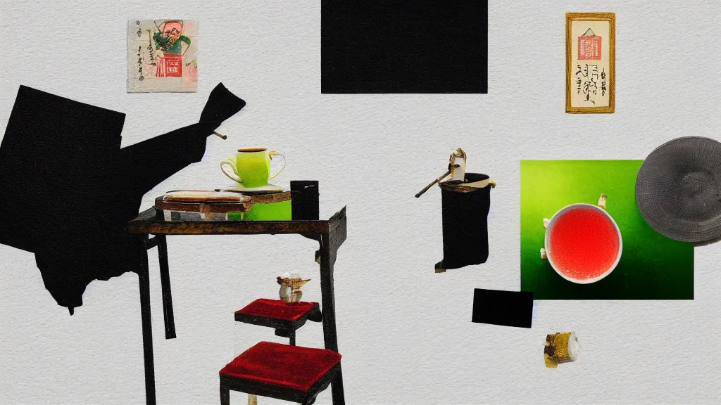 Image similar to a small tea setting, japan, a collage painting, in the style of wes anderson, lola dupre, david hockney, isolated on negative white space background dark monochrome neon spraypaint accents volumetric octane render