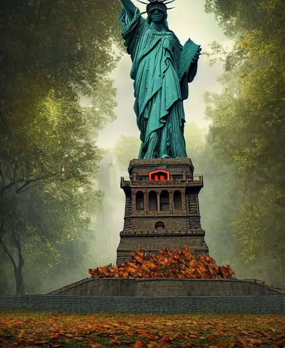 Image similar to highly detailed digital matte painting of a Lady Liberty statue covered in leaves and nature with overgrowth Full shot. By Raphael LaCoste and Ruan Jia and Robert McCall, postcyberpunk, geodesic dome, hyperdetailed, sunrise, wide shot, autochrome, octane render