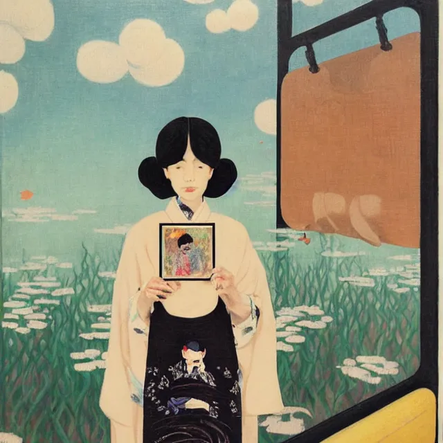 Prompt: tall emo female artist holding small portraits and fish on a train, wearing a kimono, on yamanote line in japan, tokyo station, summer, sweat, ice coffee, pigs, octopus, acrylic on canvas, surrealist, by magritte and monet