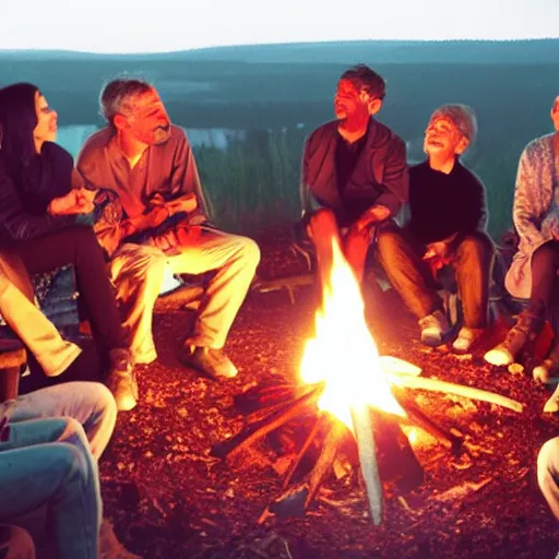 Prompt: god talking with 6 people around a campfire, realistic