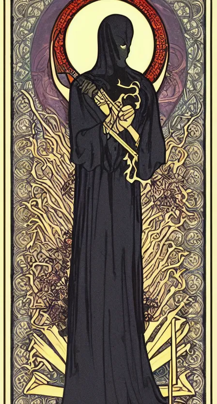 Image similar to a tarot card of the grim reaper with a scythe, standing on a pile of bones. illustrated in an art deco style by tamara de lempika and an elegant border by alphonse mucha. | studio lighting | digital painting, stunning lighting, trending on artstation