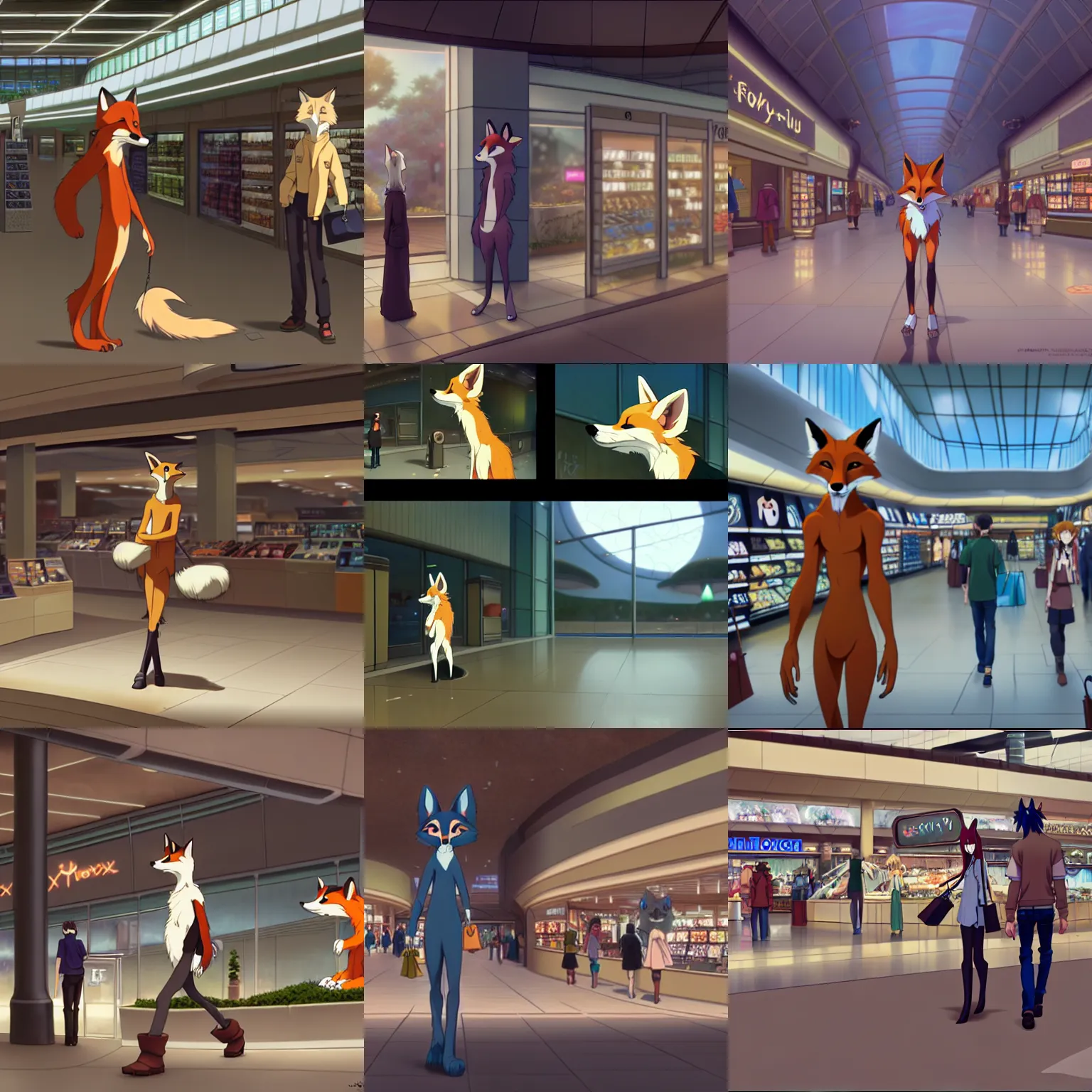 Prompt: an anthropomorphic natural furry ( fox ) shopping at a futuristic mall, photorealistic, anime, makoto shinkai, james gurney, don bluth, disney, hibbary, dark natasha, goldenwolf, furaffinity