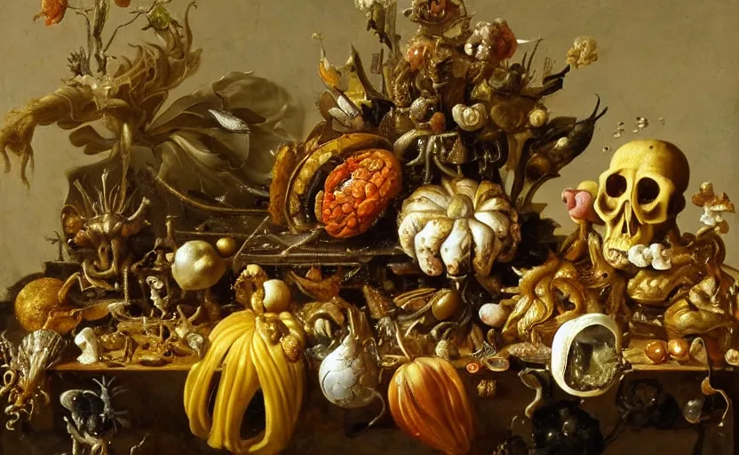 Prompt: distuebing dutch golden age vanitas still life with bizarre objects strange gooey surfaces siny metal bizarre insects rachel ruysch very detaild perfect composition rule of thirds