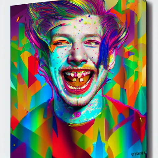Prompt: a portrait of a laughing man with ginger hair, by ross tran in a cubist style, psychedelic, rainbow, swirling splattered colors, otherworldly, abstract