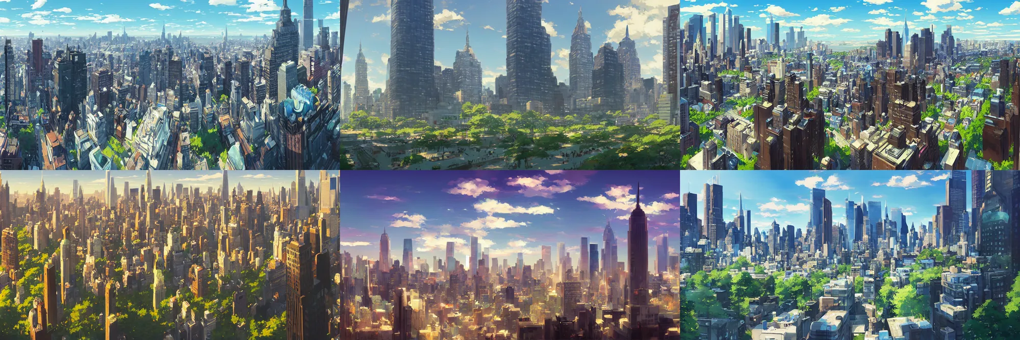 Prompt: fantasy new york city, lanscape, modern, at sunny day, panoramic, art by makoto shinkai